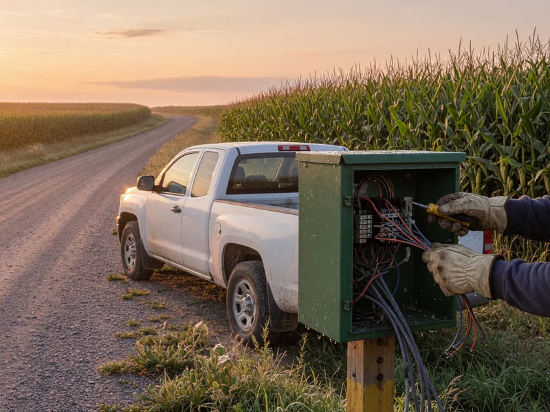 A technician working in an open roadside telephone cabinet beside a white pickup on a gravel road at sunrise